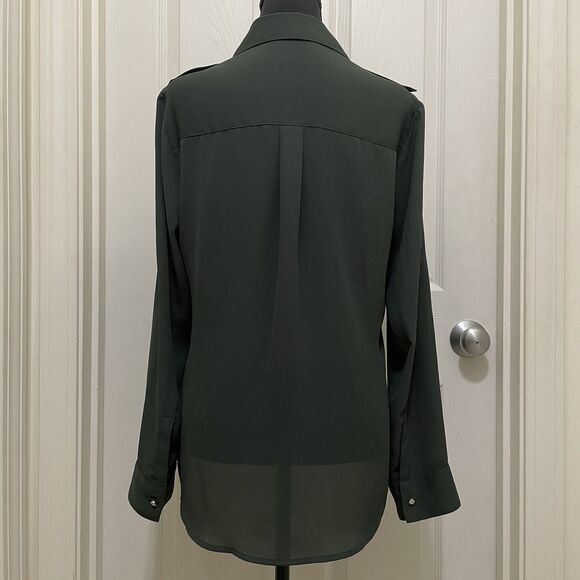 Express Portofino Button Down Top Green Chiffon Roll Tab Sleeve V-Neck Medium - Picture 5 of 9